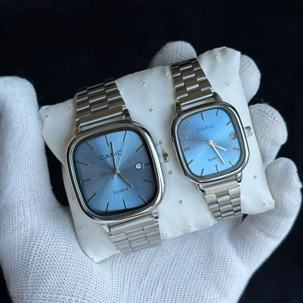 casio couple watches silver and baby blue