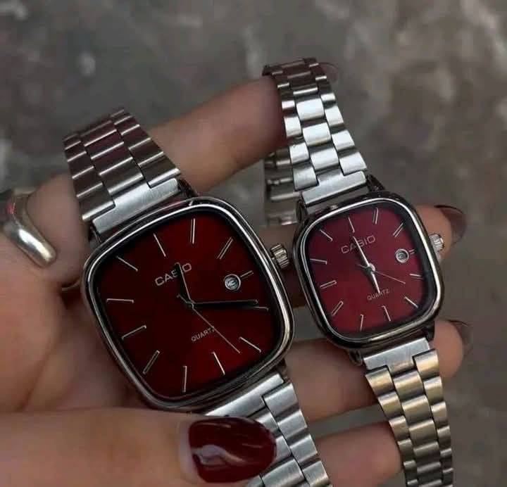 casio couple watches silver and red