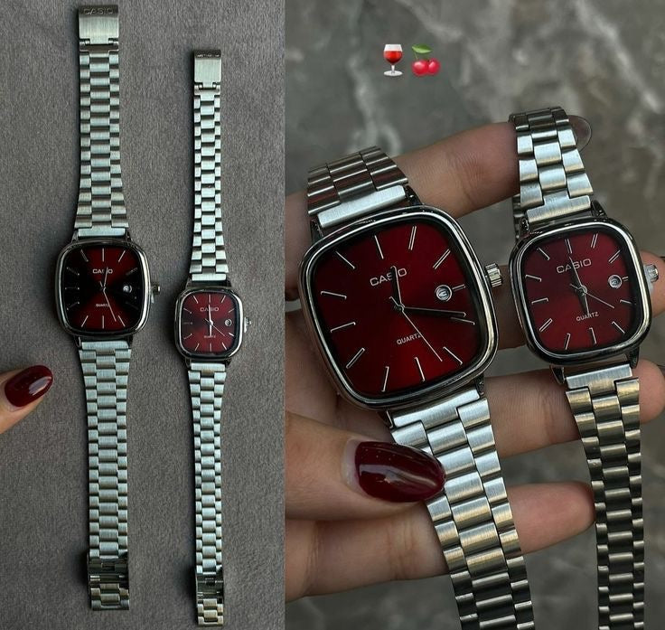 casio couple watches silver and red