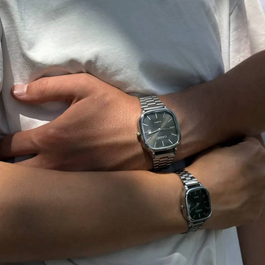 casio couple watches silver and black