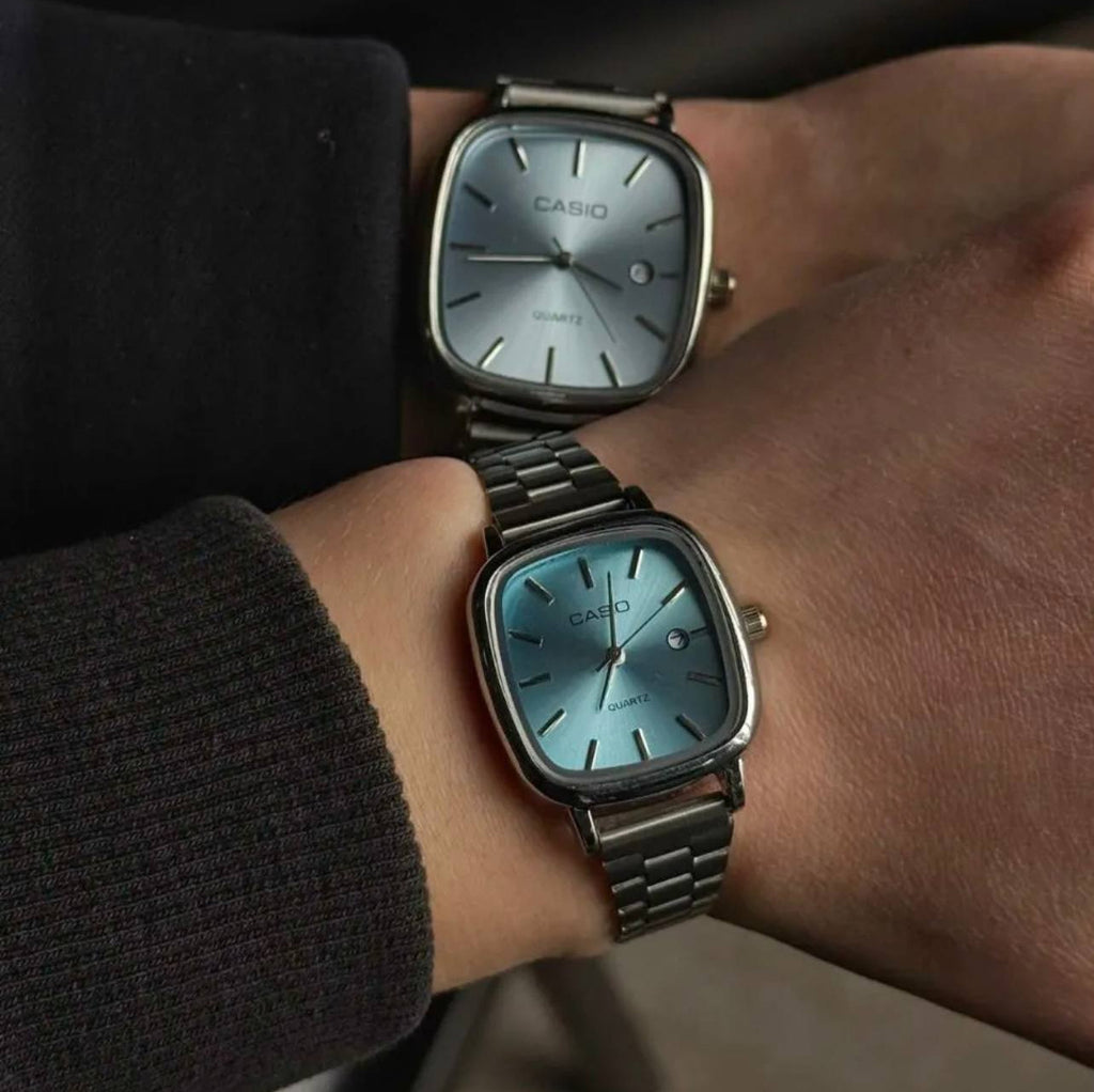 casio couple watches silver and baby blue