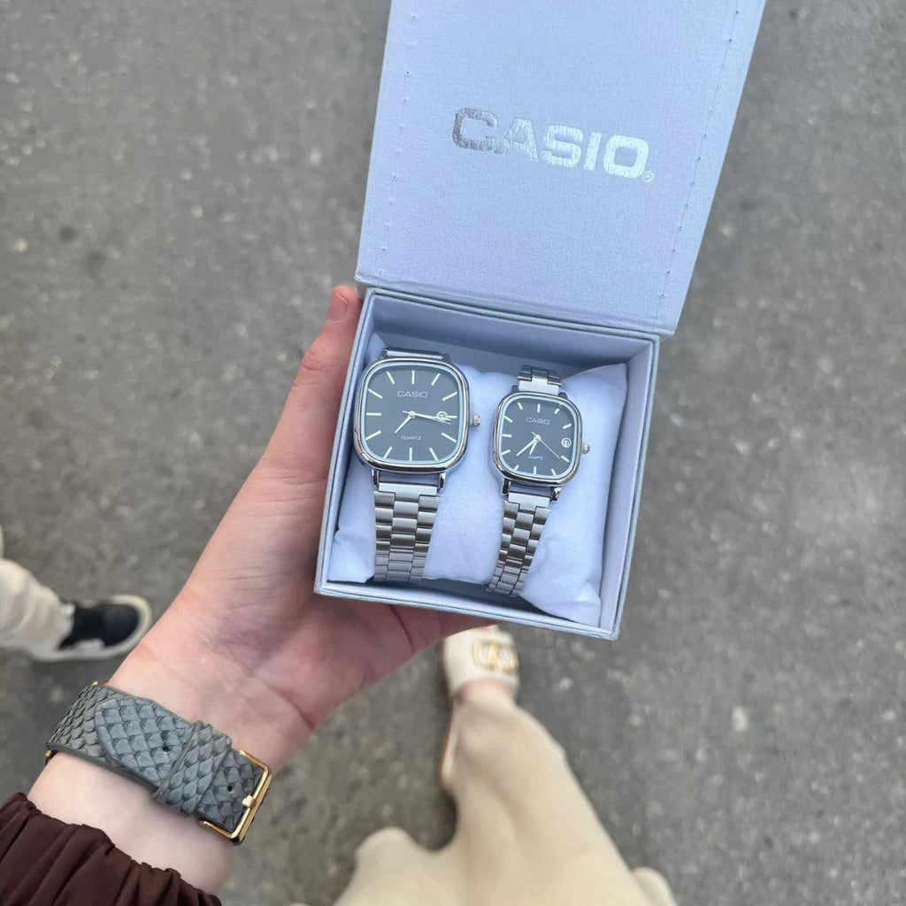 casio couple watches silver and black