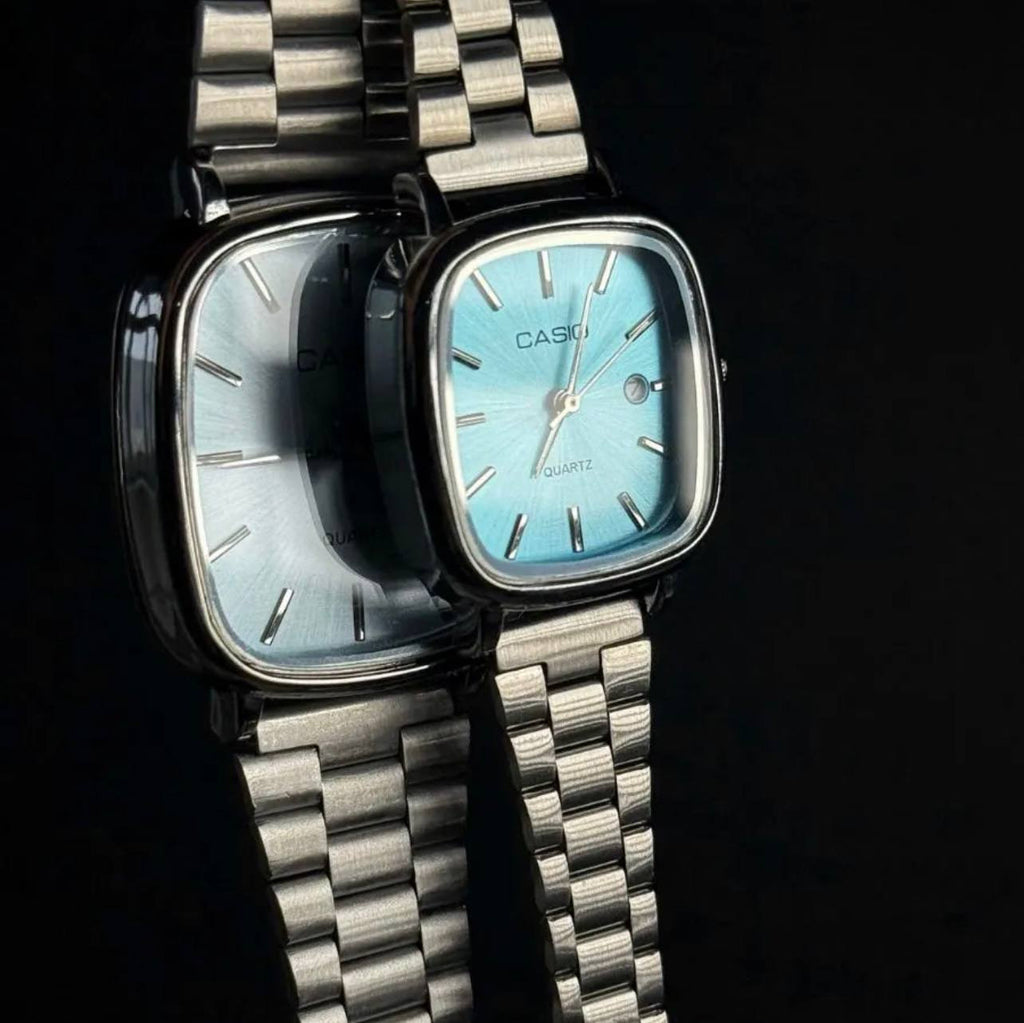 casio couple watches silver and baby blue