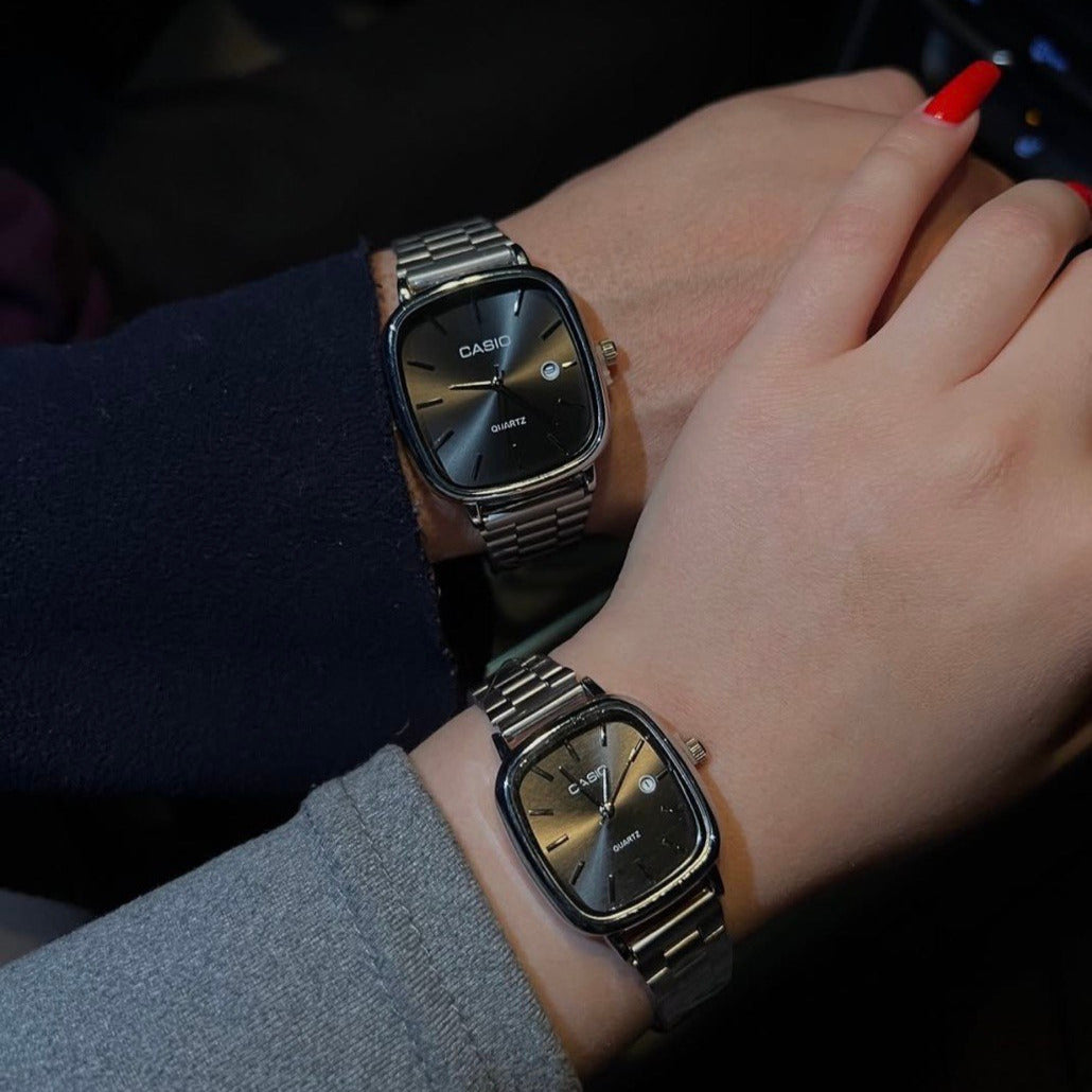 casio couple watches silver and black