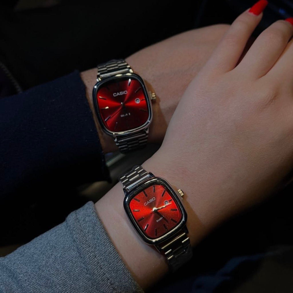 casio couple watches silver and red