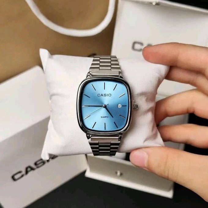 casio couple watches silver and baby blue