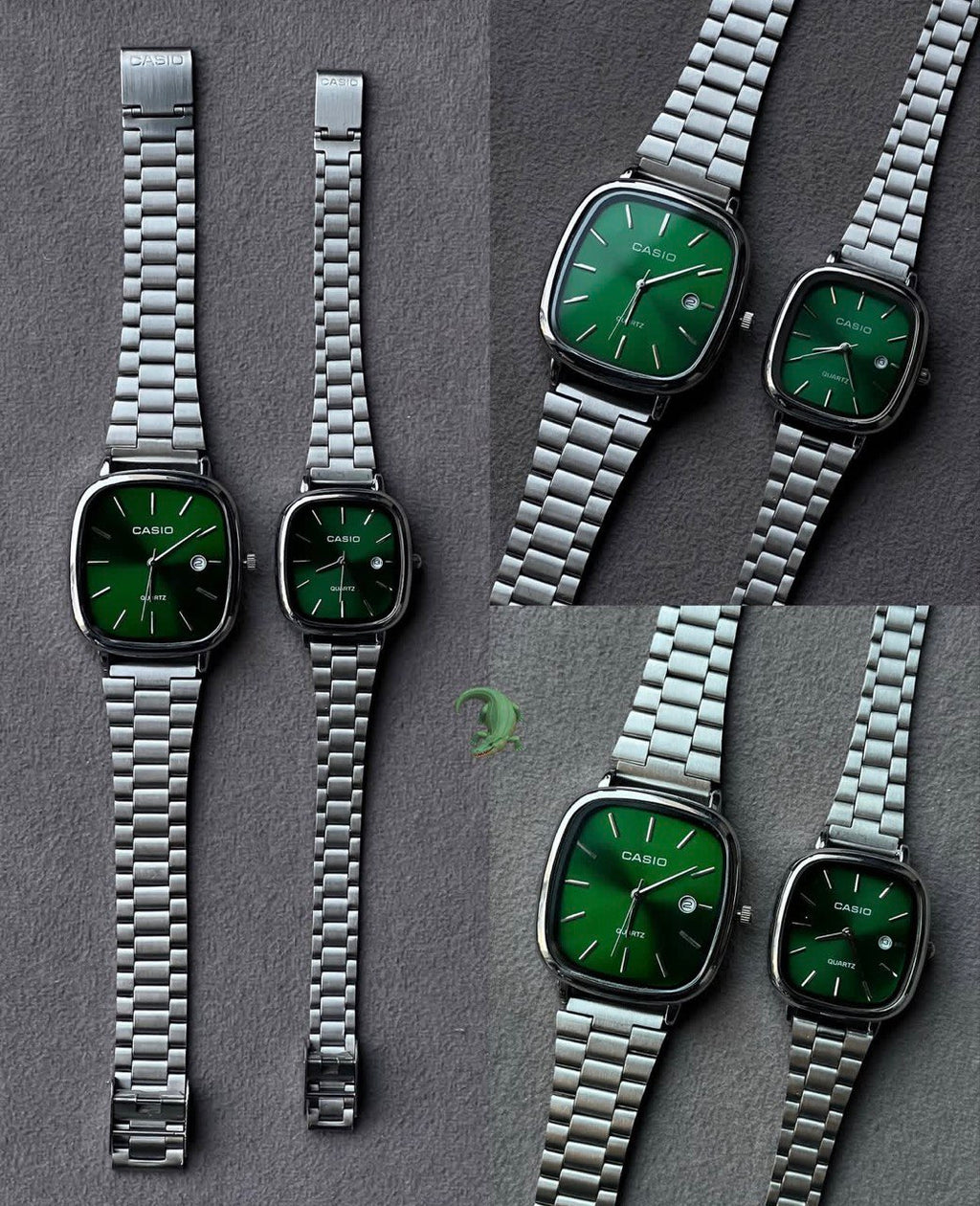 casio couple watches silver and green