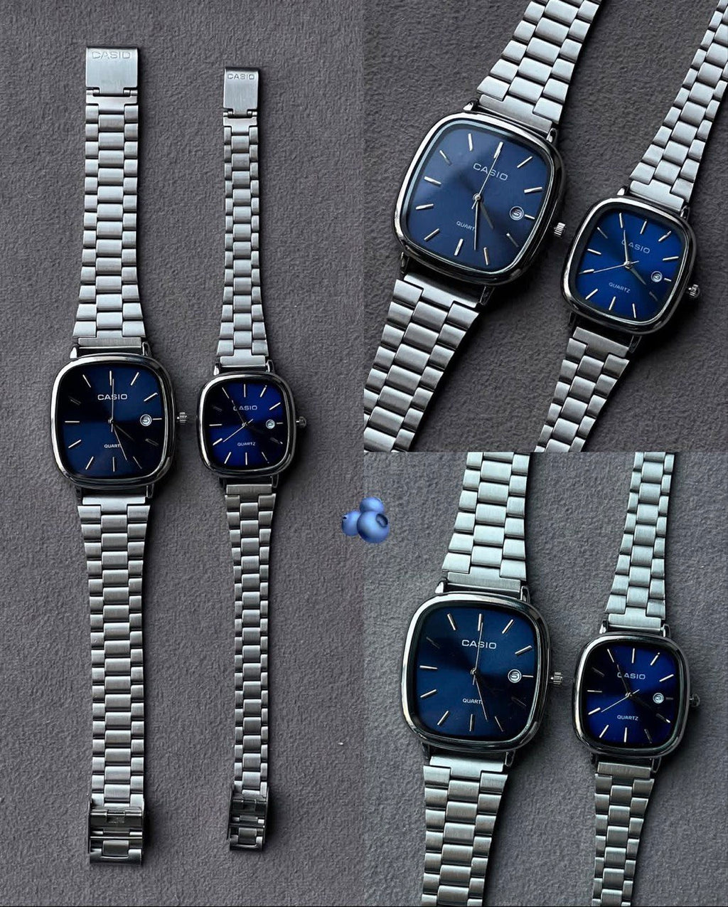 casio couple watches silver and blue